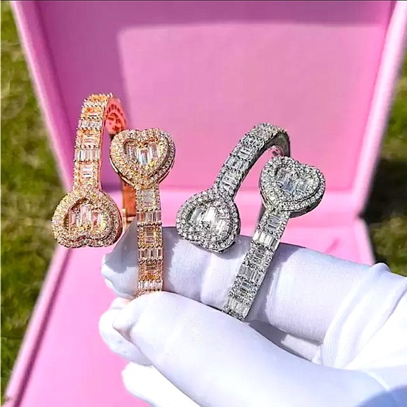 Open Heart Silver Baguette Iced Out Cubic Zircon Diamond Bangle Cuff Bracelet - Picture 10 of 13
